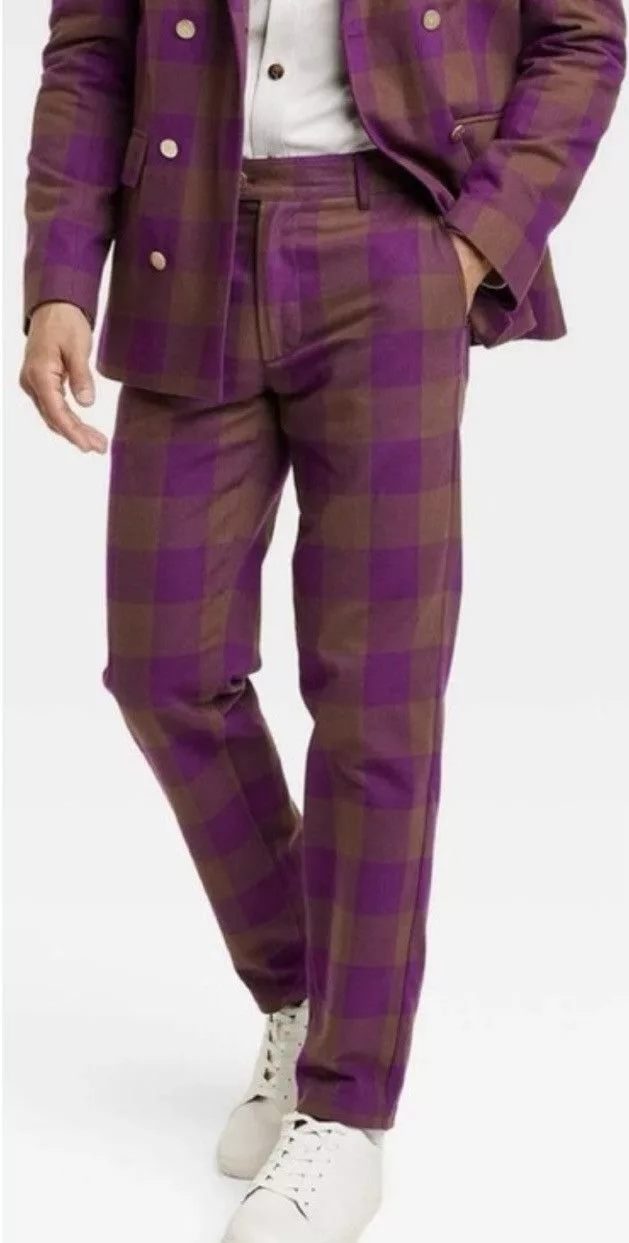 Designer Casual Pants Designer × Other Houston White Gingham Checkered Pants 34x32 Purple Streetwear