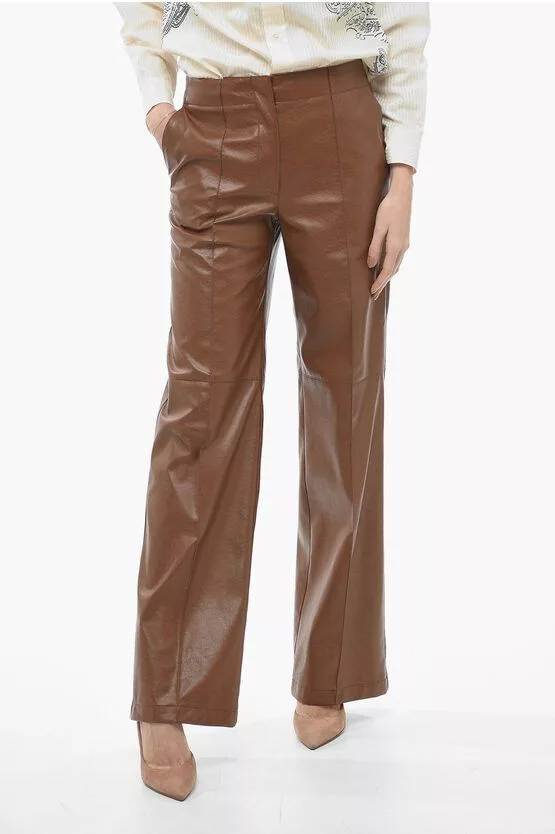 MSGM Pants MSGM og1mm0724 Straight Fit Leather Pants in Brown