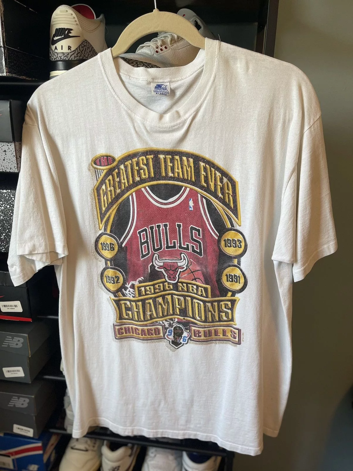 Starter Short Sleeve T Shirts Vintage Single Stitch Bulls Starter T Shirt White