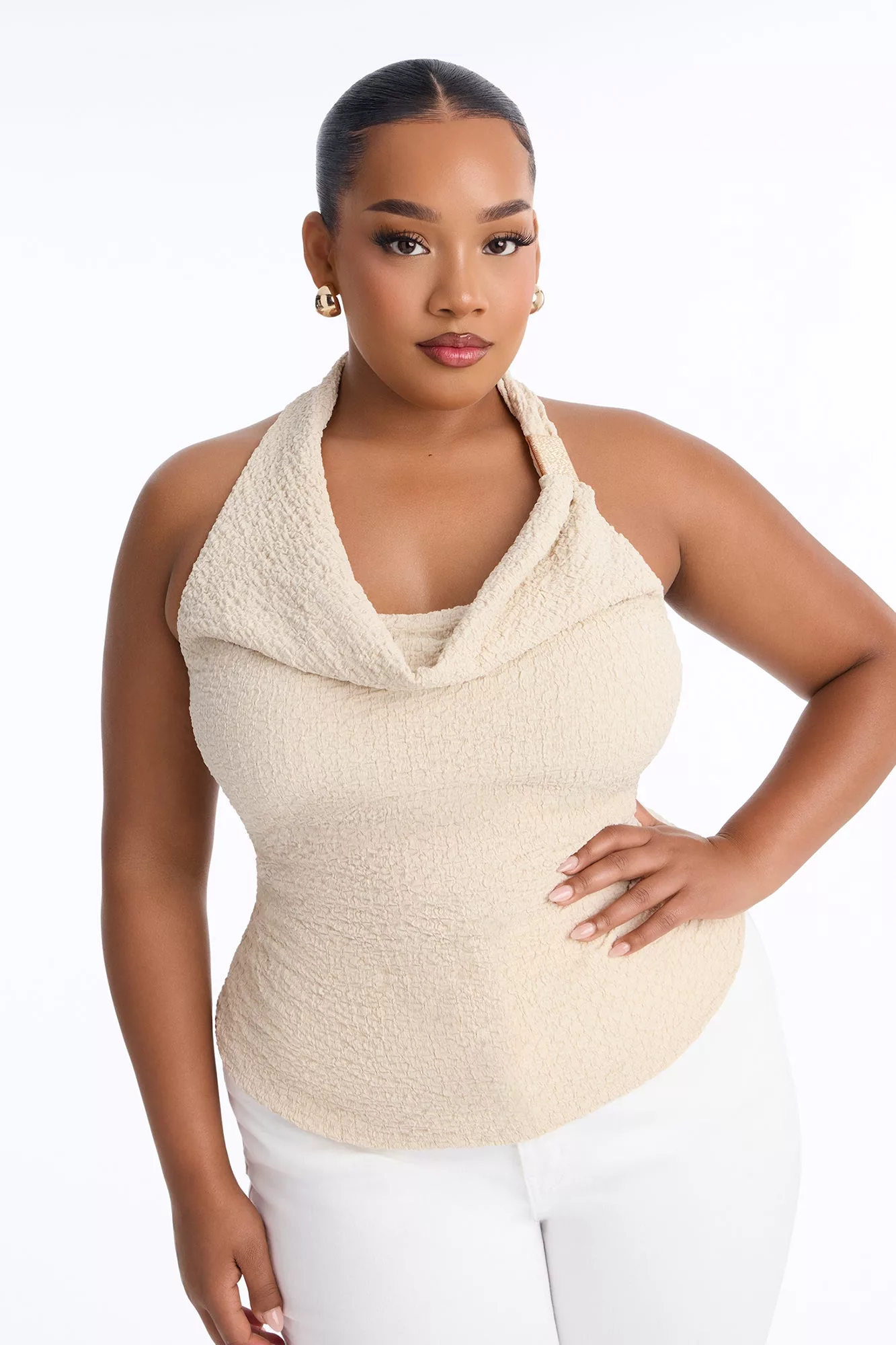 Sunny Textured Cowl Neck Hardware Halter Top - Sand