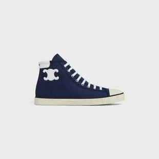 Celine Hi Top Sneakers Celine o1bcso1str0724 Mid Lace Up Sneaker Canvas & Calfskin in Navy Blue