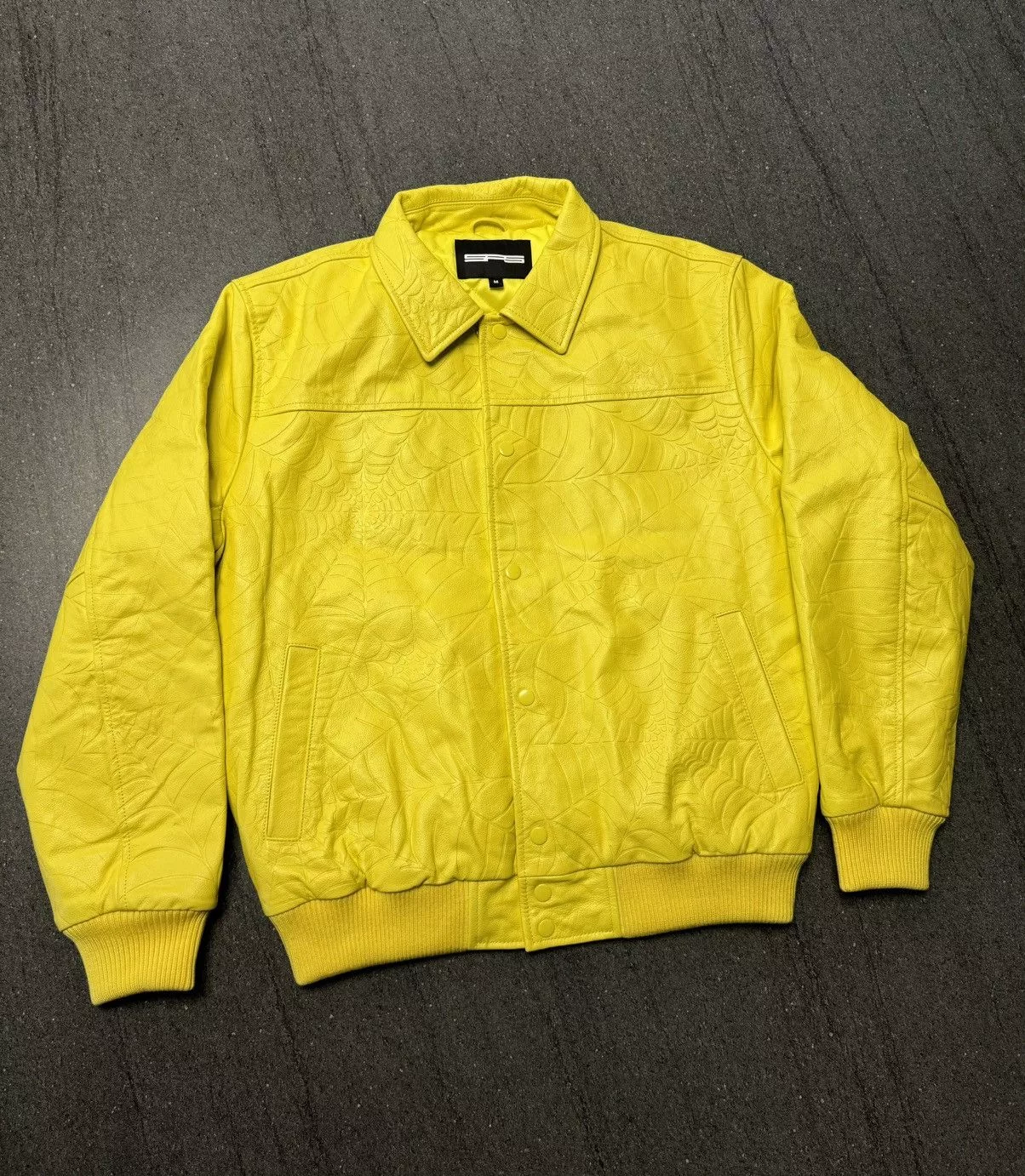 Sp5der Leather Jackets Sp5der Debossed Web Leather Jacket Yellow