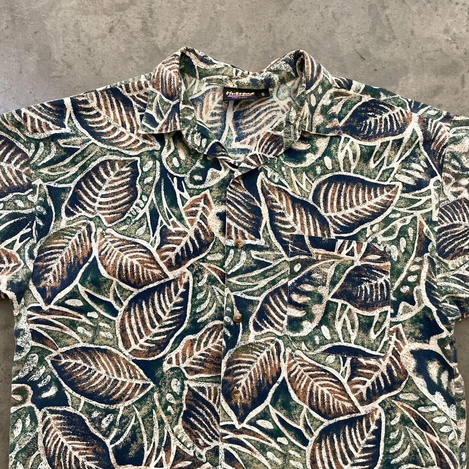 Vintage Shirts Button Ups Vintage Hutspah Navy and Green Floral Hawaiian Shirt Blue