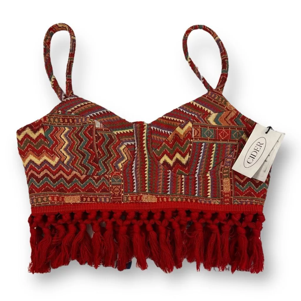 Cider Crop Tops Cider Boho Geometric Corset Fringe Crop Top Size Medium Red