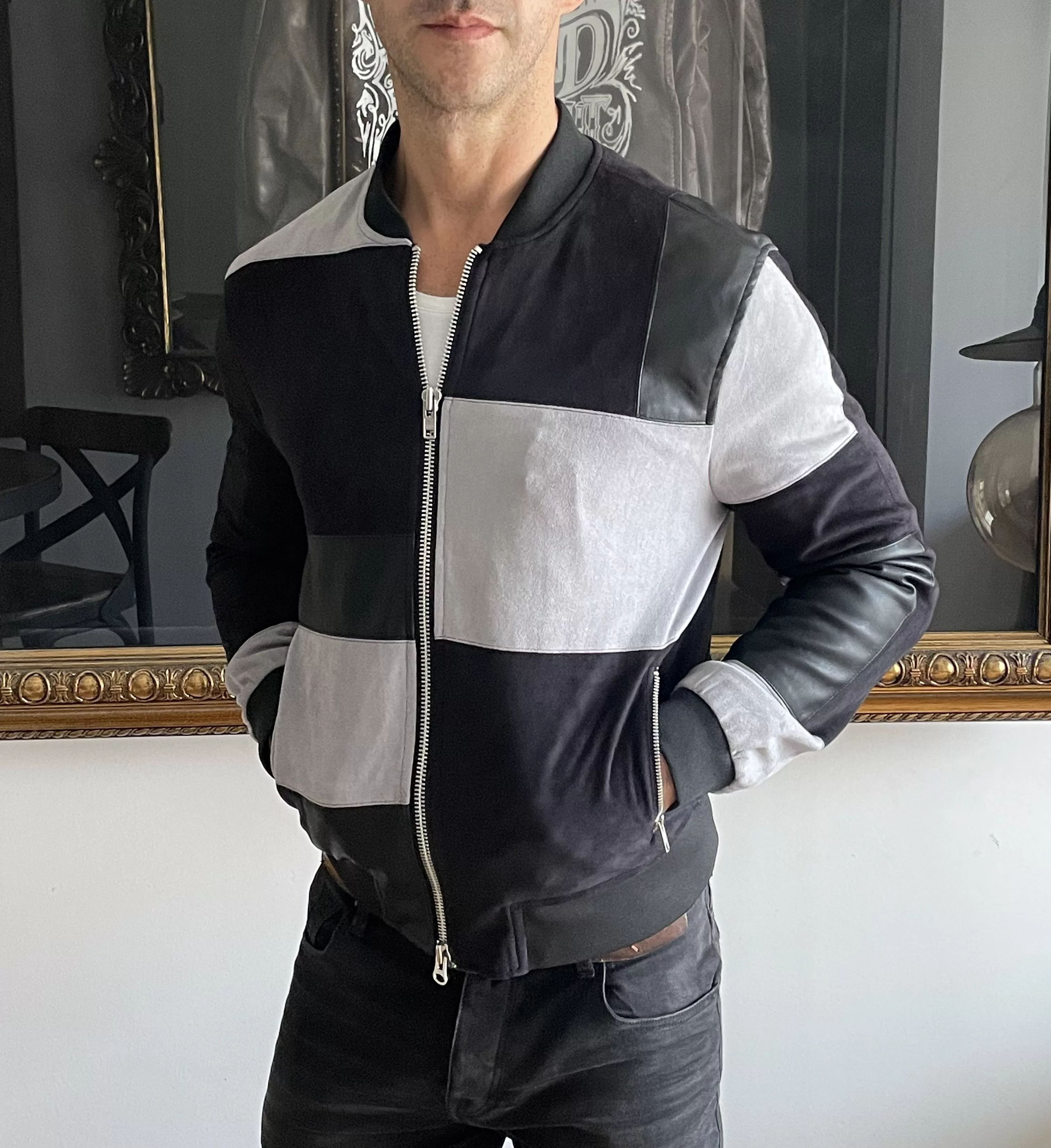 Other Leather Jackets Other Patchwork Leather Suede Black Grey Bomber Jacket Sandro