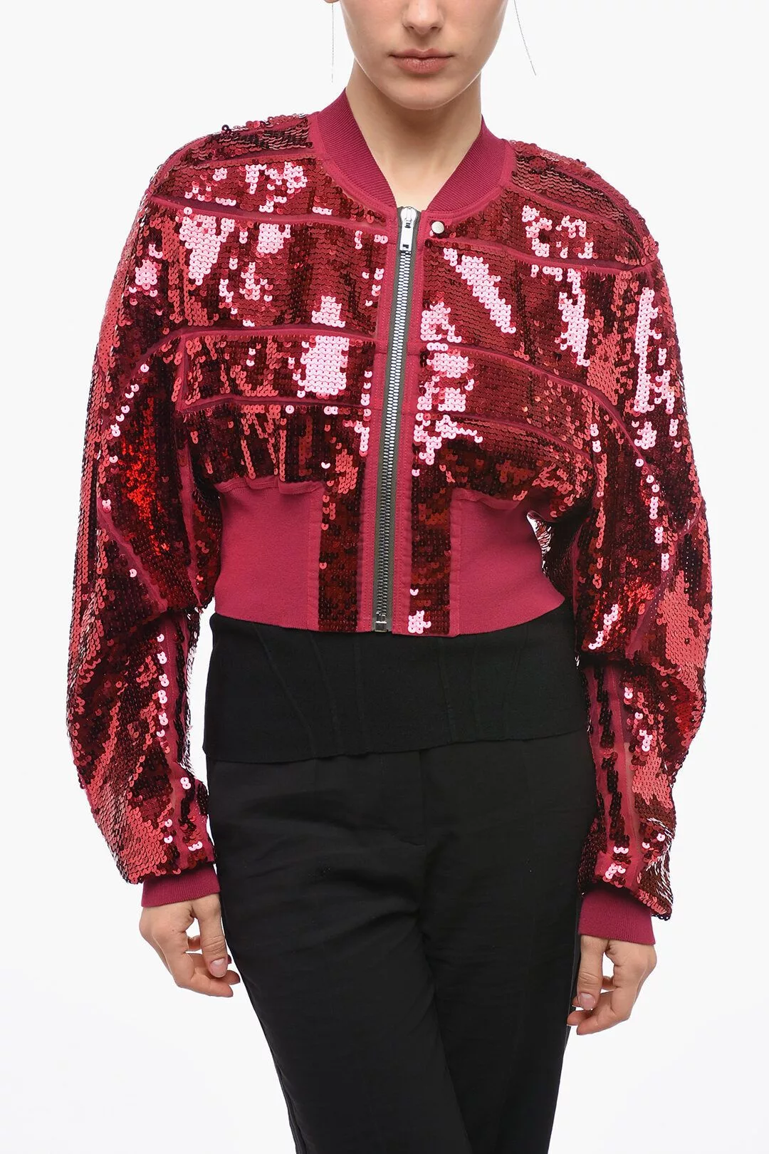 Rick Owens Jackets Rick Owens og1mm0724 Sequined Girdered Flight Cropped Jacket in Red