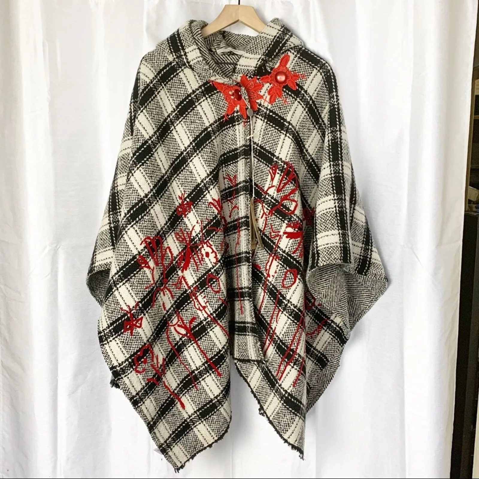 Ermanno Gallamini Jackets Ermanno Gallamini Hooded Wool Blanket Cape Poncho Check Multi