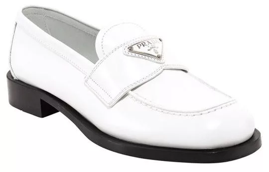 Prada Flats Prada Triangle-logo Patent Leather Loafers White