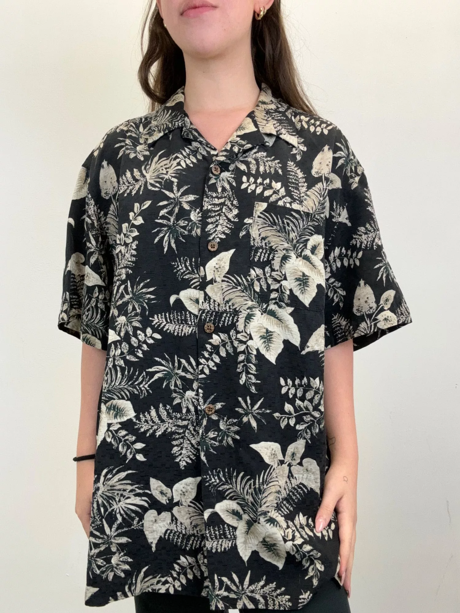 Other Shirts Button Ups Other L Leafs Pattern Hawaiian Black Button Up Multi