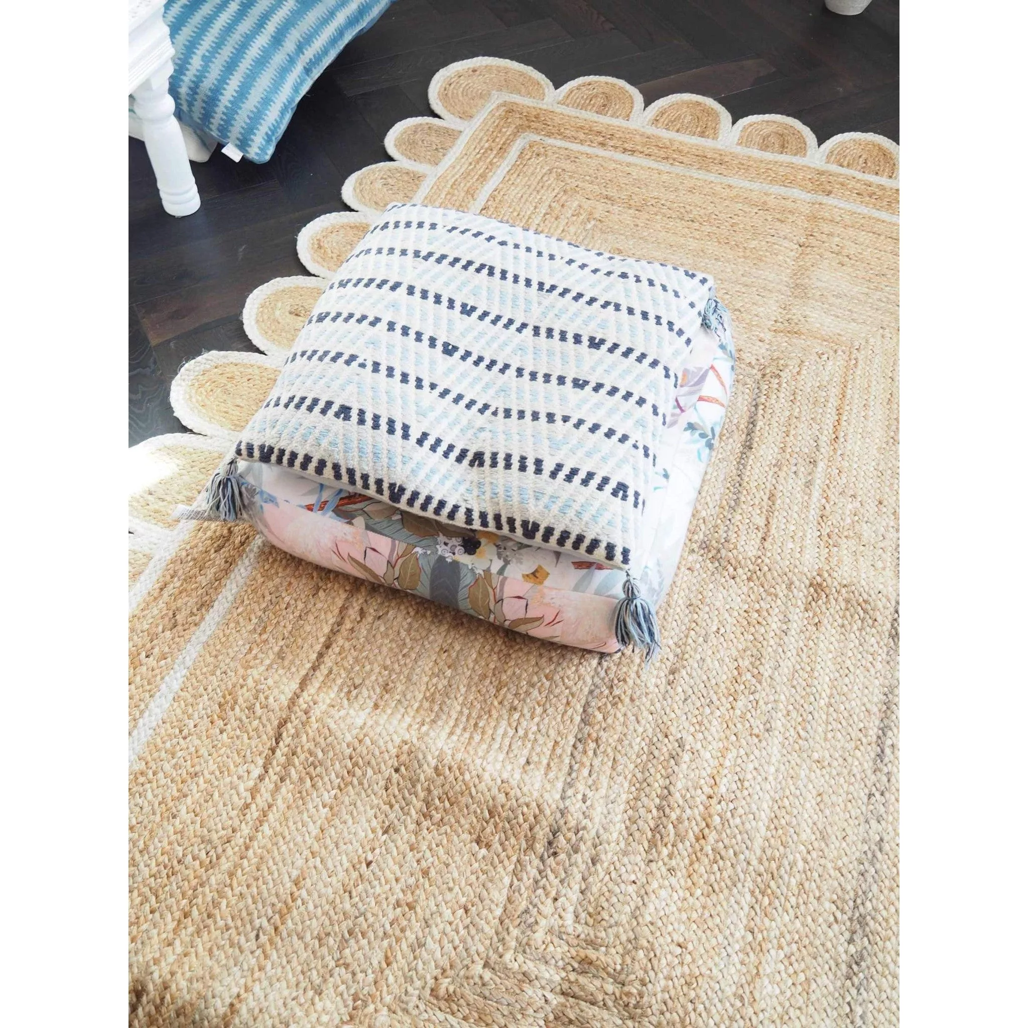 Handmade White Scalloped Jute Rug Custom Sizes Available - Curated Home Decor