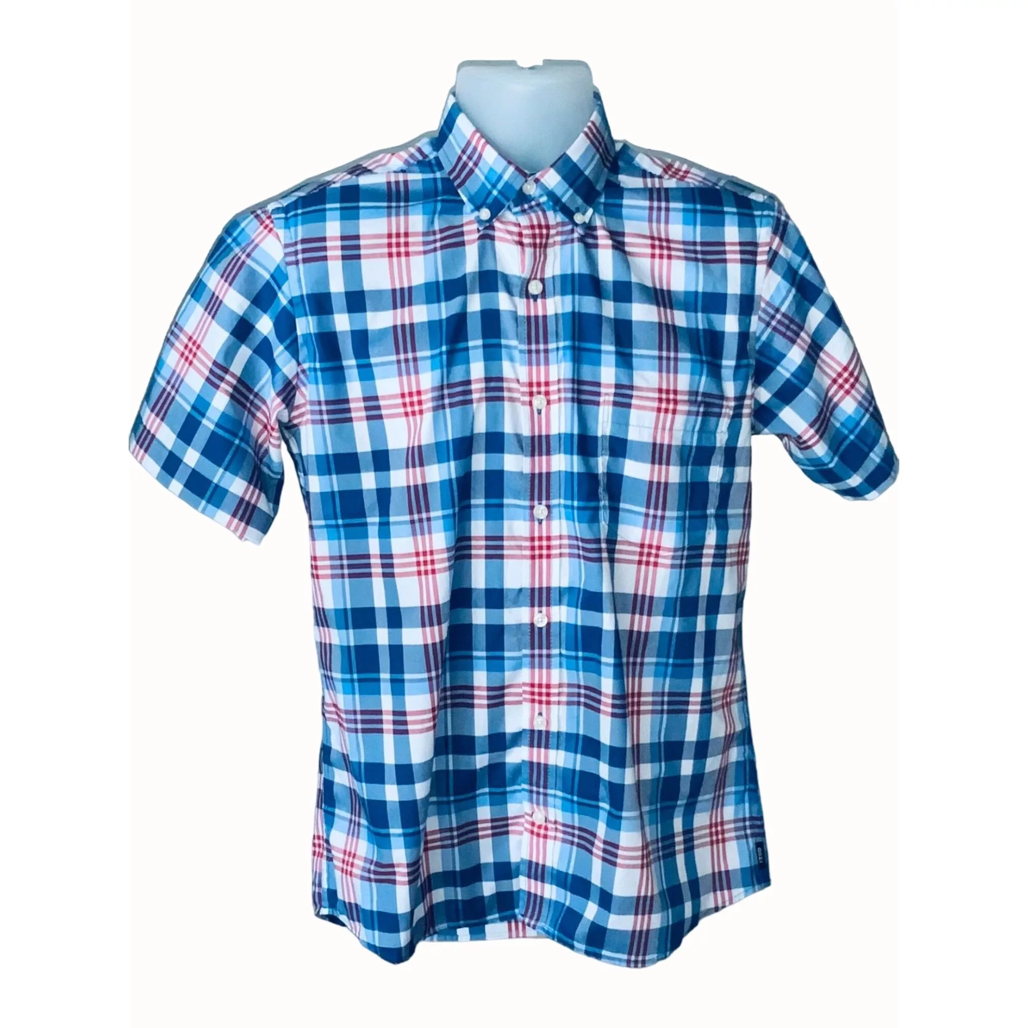 Izod Shirts Button Ups Izod Mens Blue White Red Plaid Short Sleeve Button Down Poly