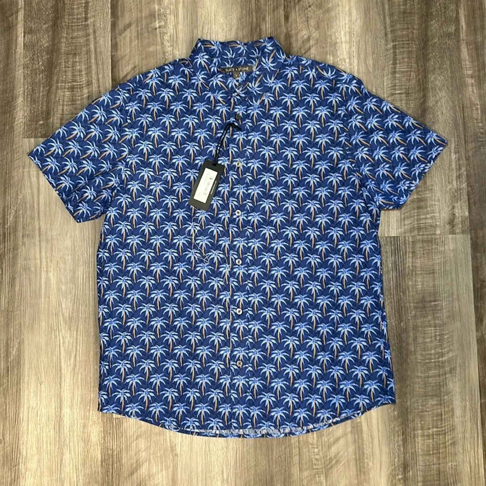 Slate & Stone Shirts Button Ups Slate & Stone Navy Mini Palm Tree Poplin Short Sleeve- Large Blue