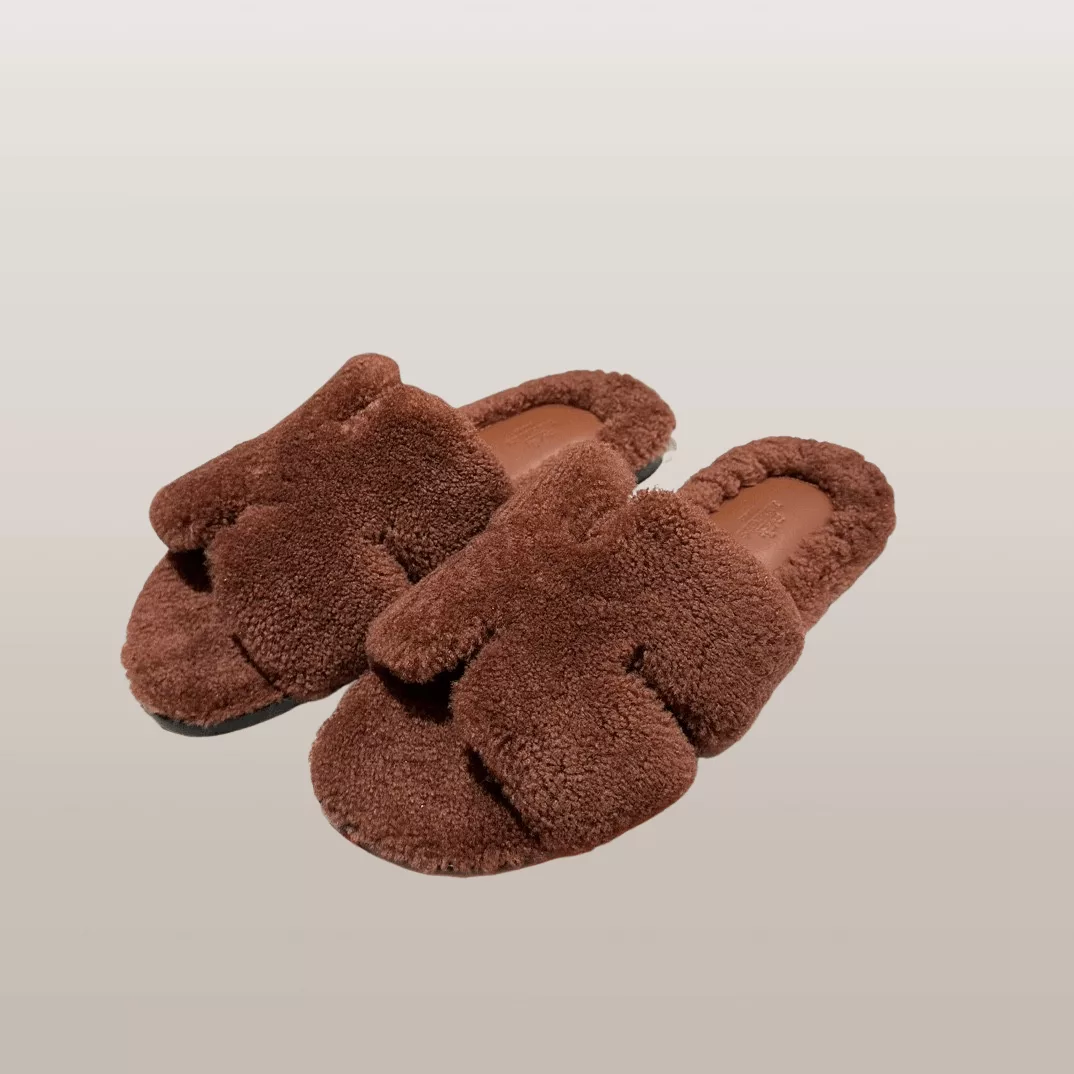 Hermes Sandals Hermes Izmir Cognac Brown Shearling Mule Sandals Multi
