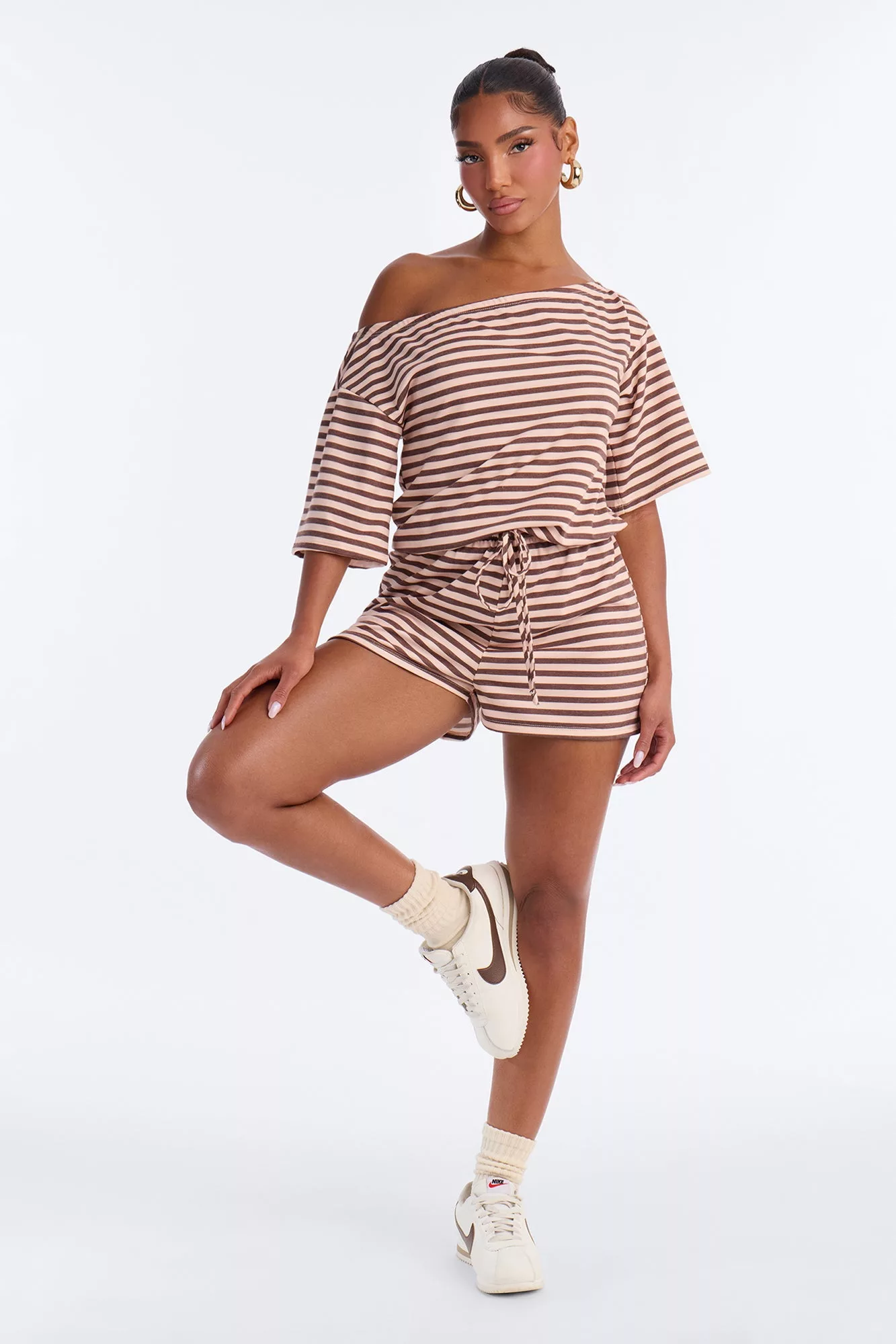 No Stress Off Shoulder Striped Romper - Brown/combo