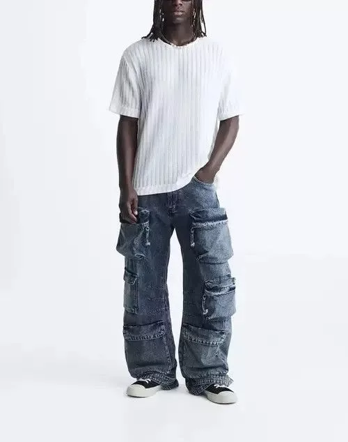 Jean Casual Pants Versatile Zipper Pocket Decorated Loose Jeans Black Avant-Garde