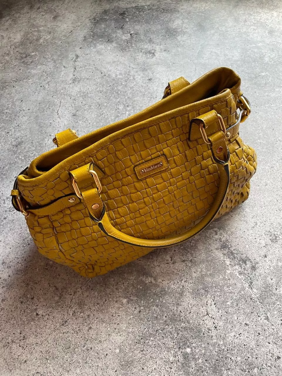 Leather Handle Bags Leather × Max Mara × Vintage Max Mara Leather Handle Bottega Veneta Type Bag Yellow