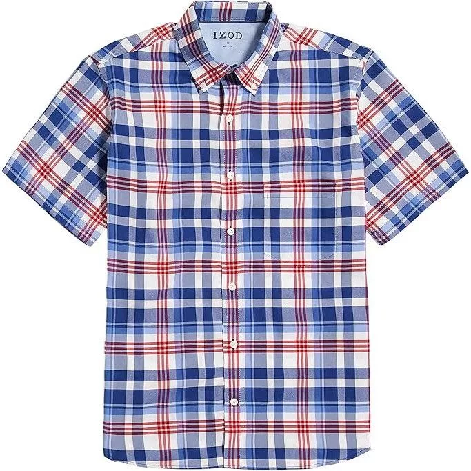 Izod Shirts Button Ups Izod Mens Blue White Red Plaid Short Sleeve Button Down Poly