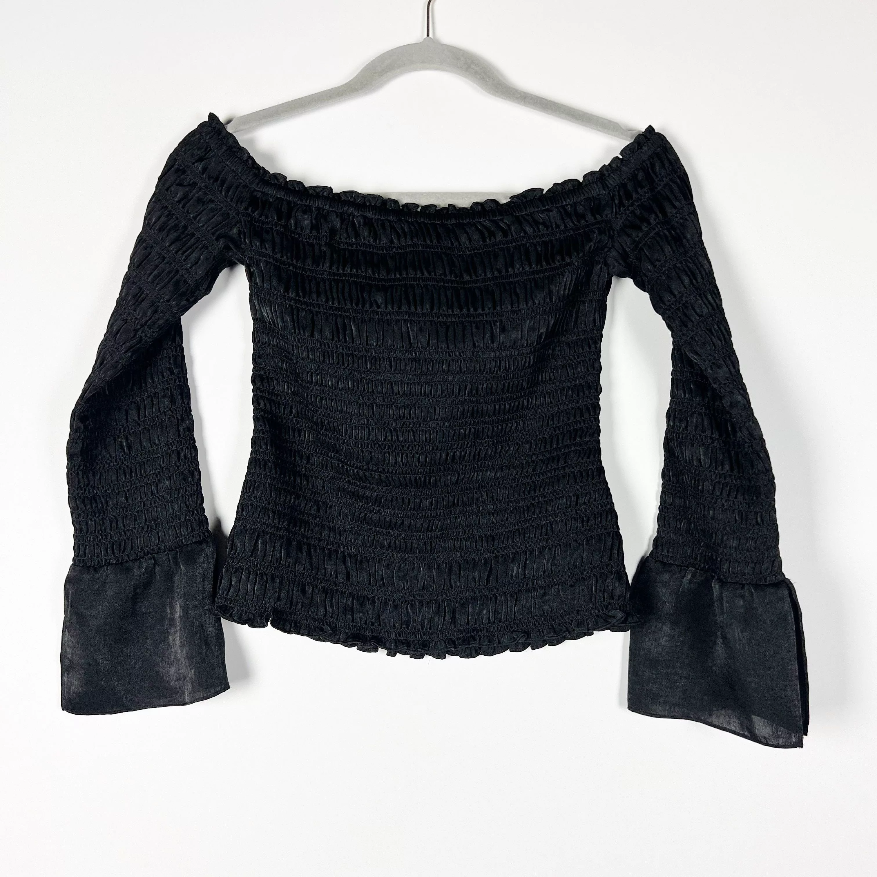 Frame Blouses Frame Satin Smocked Stretch Off The Shoulder Black