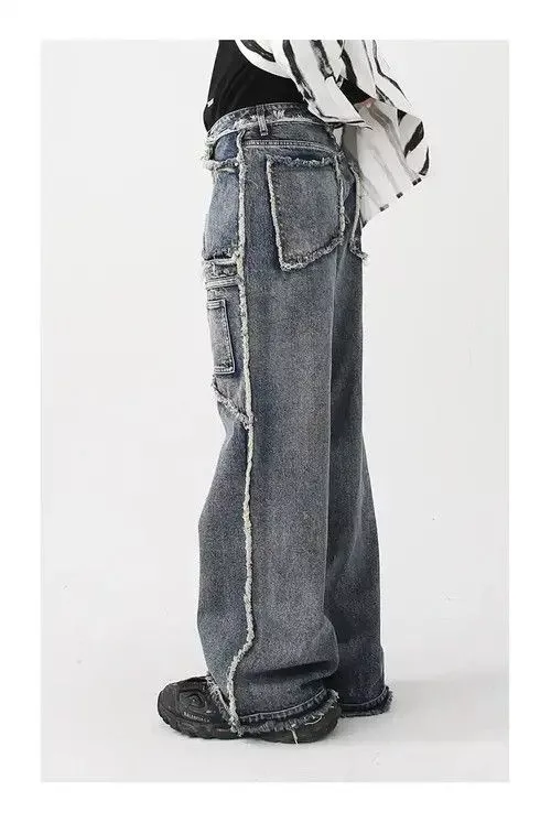 Japanese Brand Denim Japanese Brand Rough Edge Straight Tube Splicing Jeans men Blue Streetwear