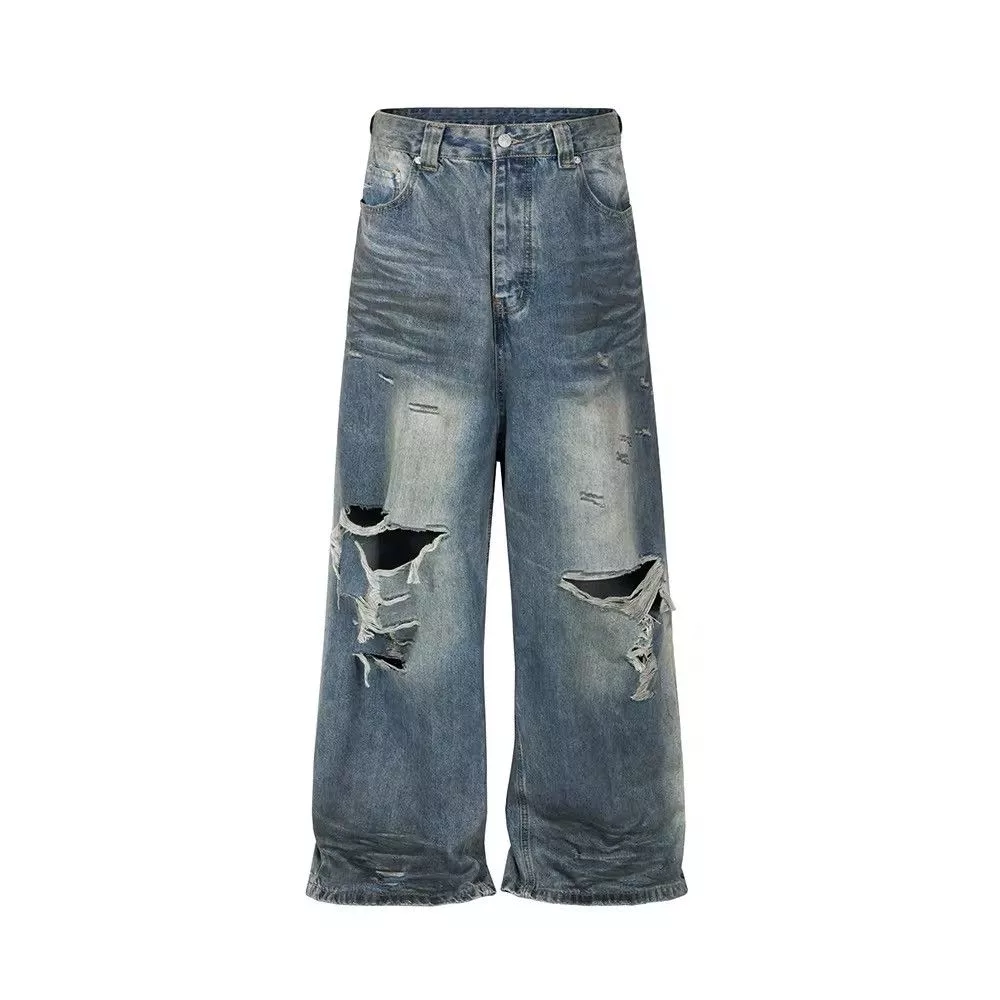 Jean Denim Jean Frayed Distressed Hole Baggy Denim Blue