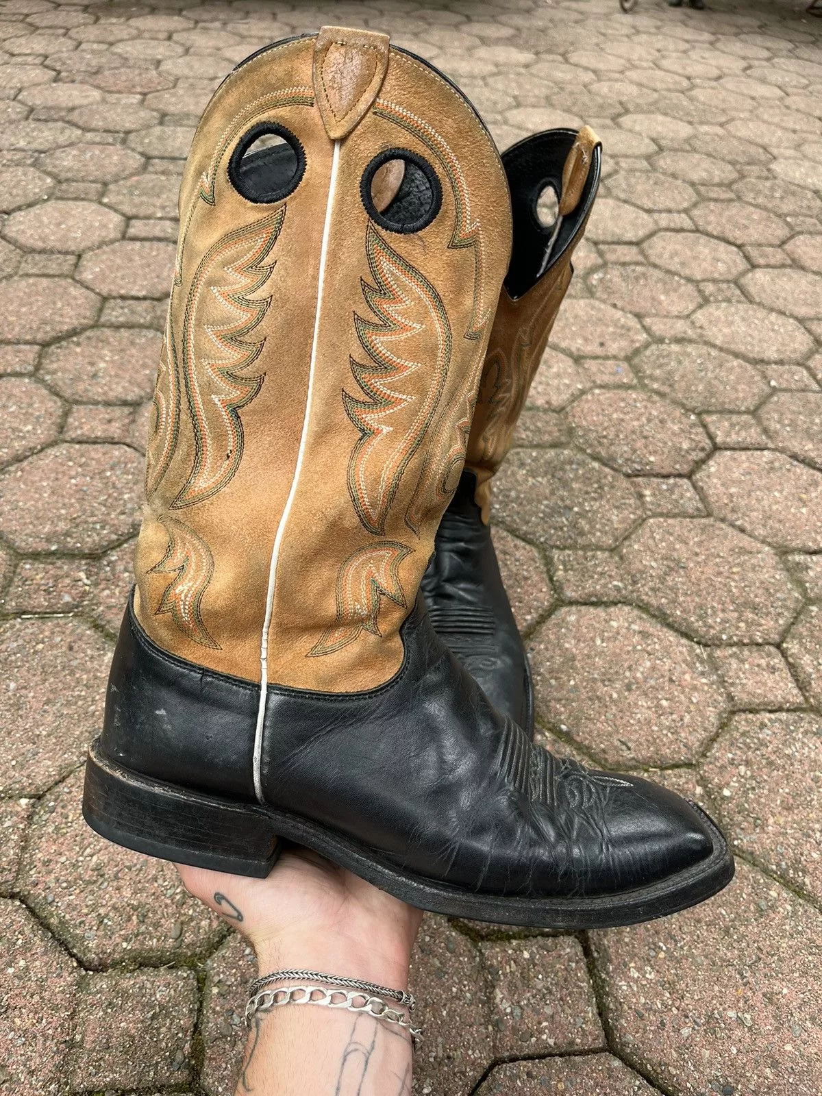 Genuine Leather Boots Genuine Leather × Justin Boots Justin Boots Cowboy Western Leather Boots Tan/Black Size 9.5 Vintage