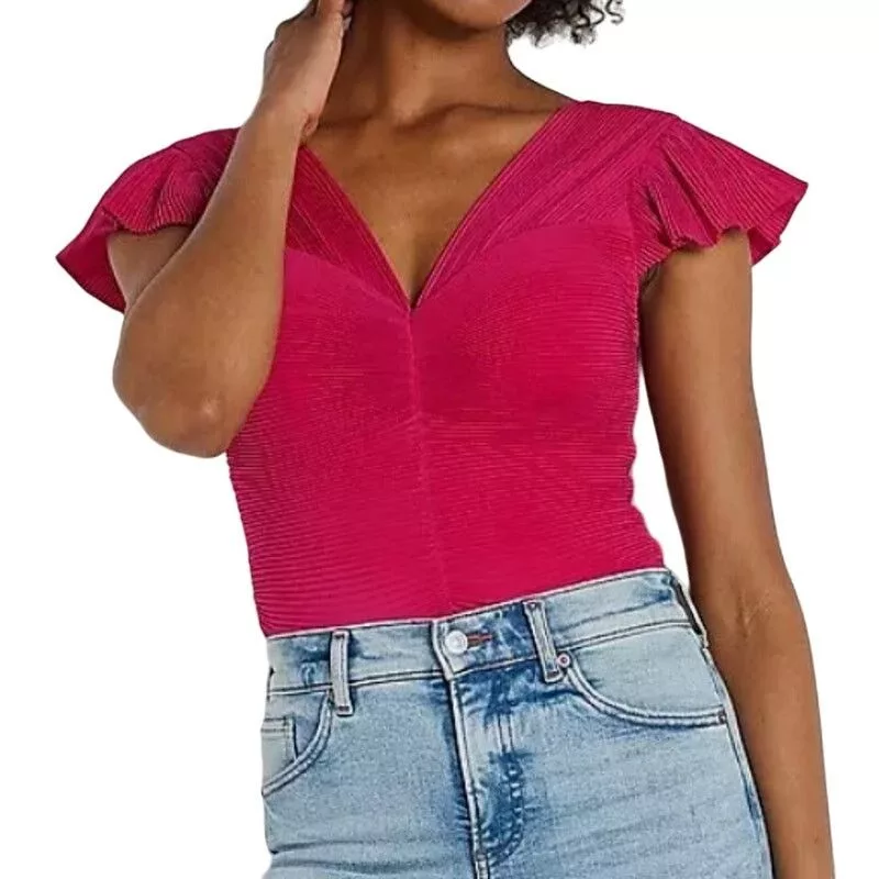 Express Blouses Express Pleated Flutter Sleeve Cropped Top in Pink, Size M