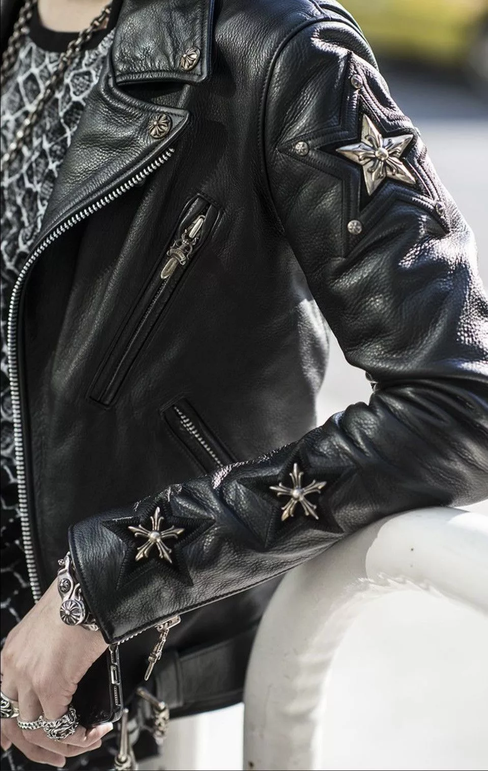 Chrome Hearts Leather Jackets Rare Chrome Hearts JJ Dean 3STAR Dagger Zip Leather Jacket Black