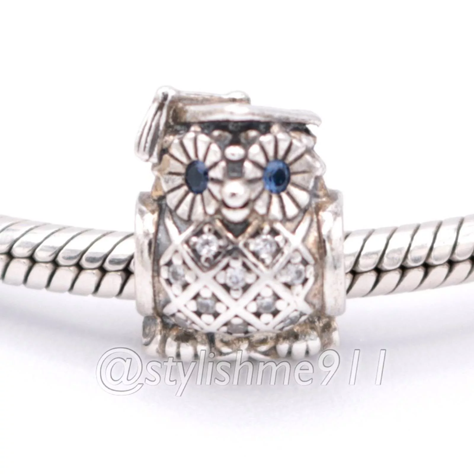 pandora Bracelets Authentic Pandora Graduate Owl Charm with Blue Crystal Eyes Silver