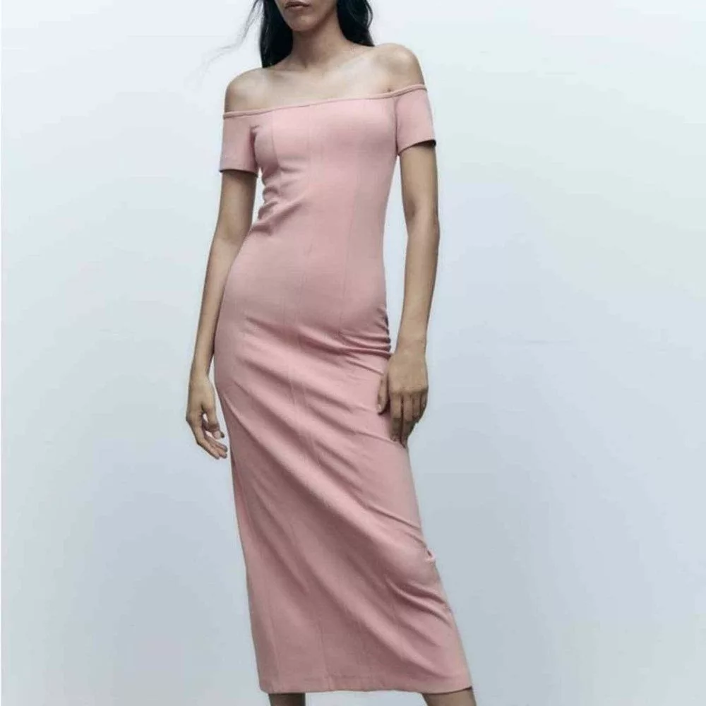 Zara Midi Dresses NWT New Zara Topstitched Pale Pink Off Shoulder Dress Size