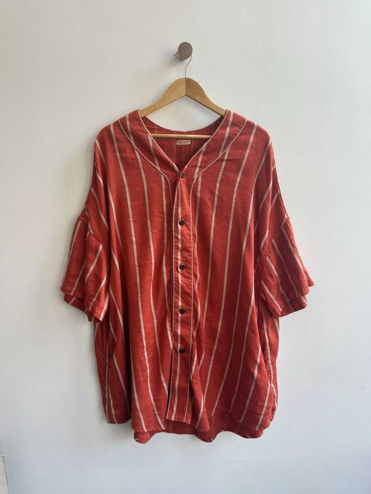Kapital Button Ups Kapital Linen Long Striped Baseball Jersey Orange