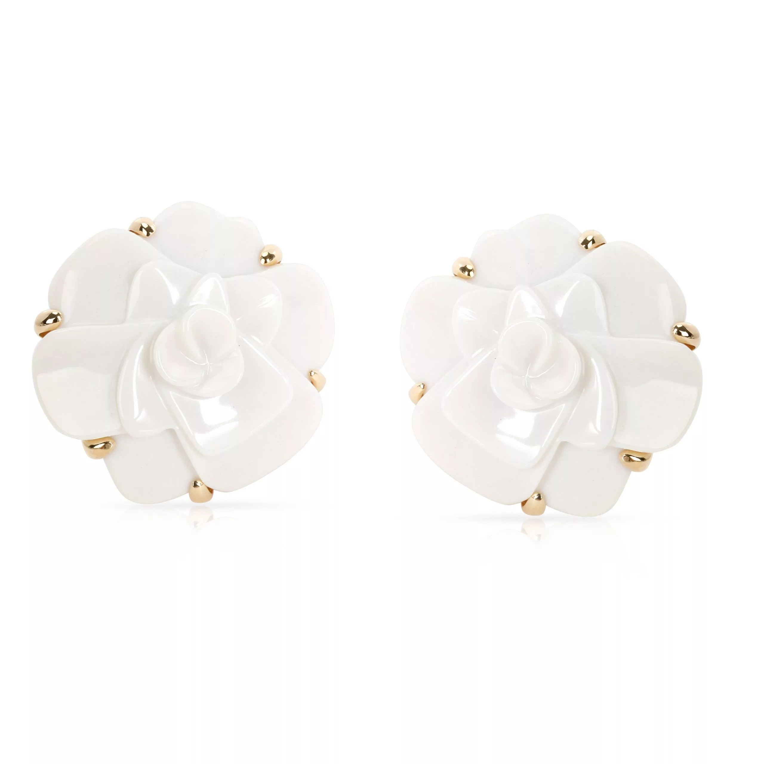 Chanel Rings Chanel Camellia White Agate Flower Earrings in 18K Yellow Gold