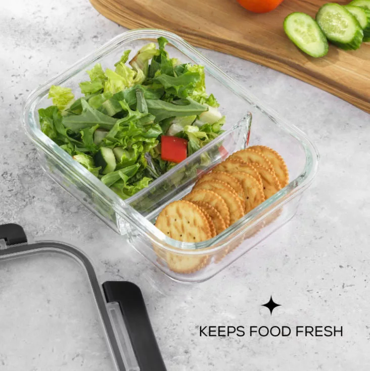 2 Sectional Glass Food Containers Airtight Lids 5/set Black