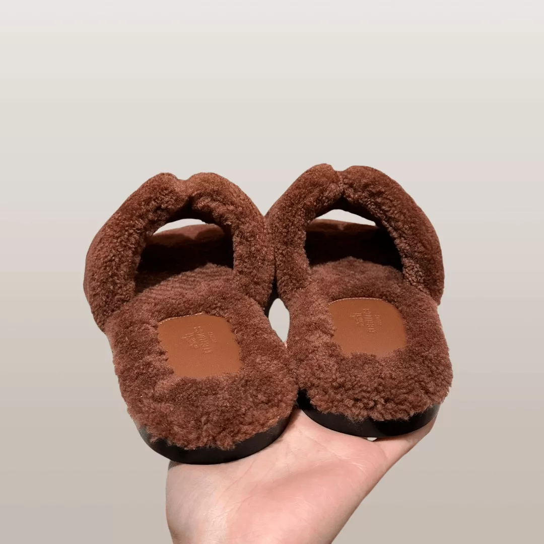 Hermes Sandals Hermes Izmir Cognac Brown Shearling Mule Sandals Multi