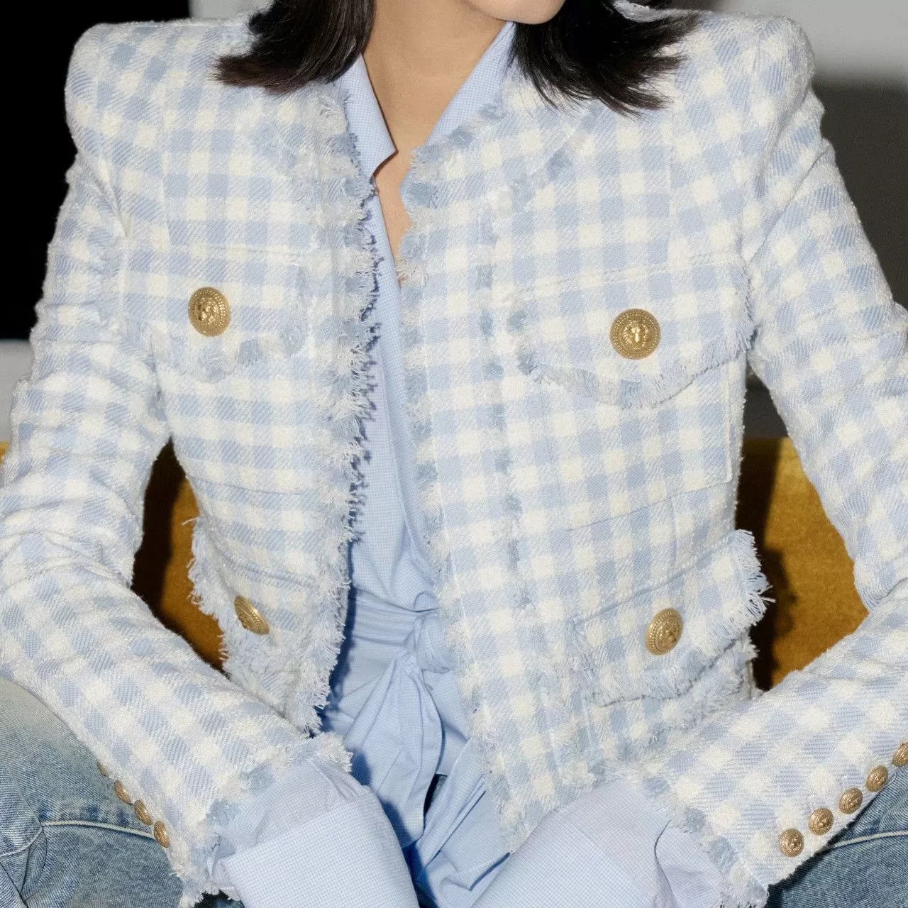 Balmain Jackets Balmain o1w1db10624 Collarless Vichy Jacket in White