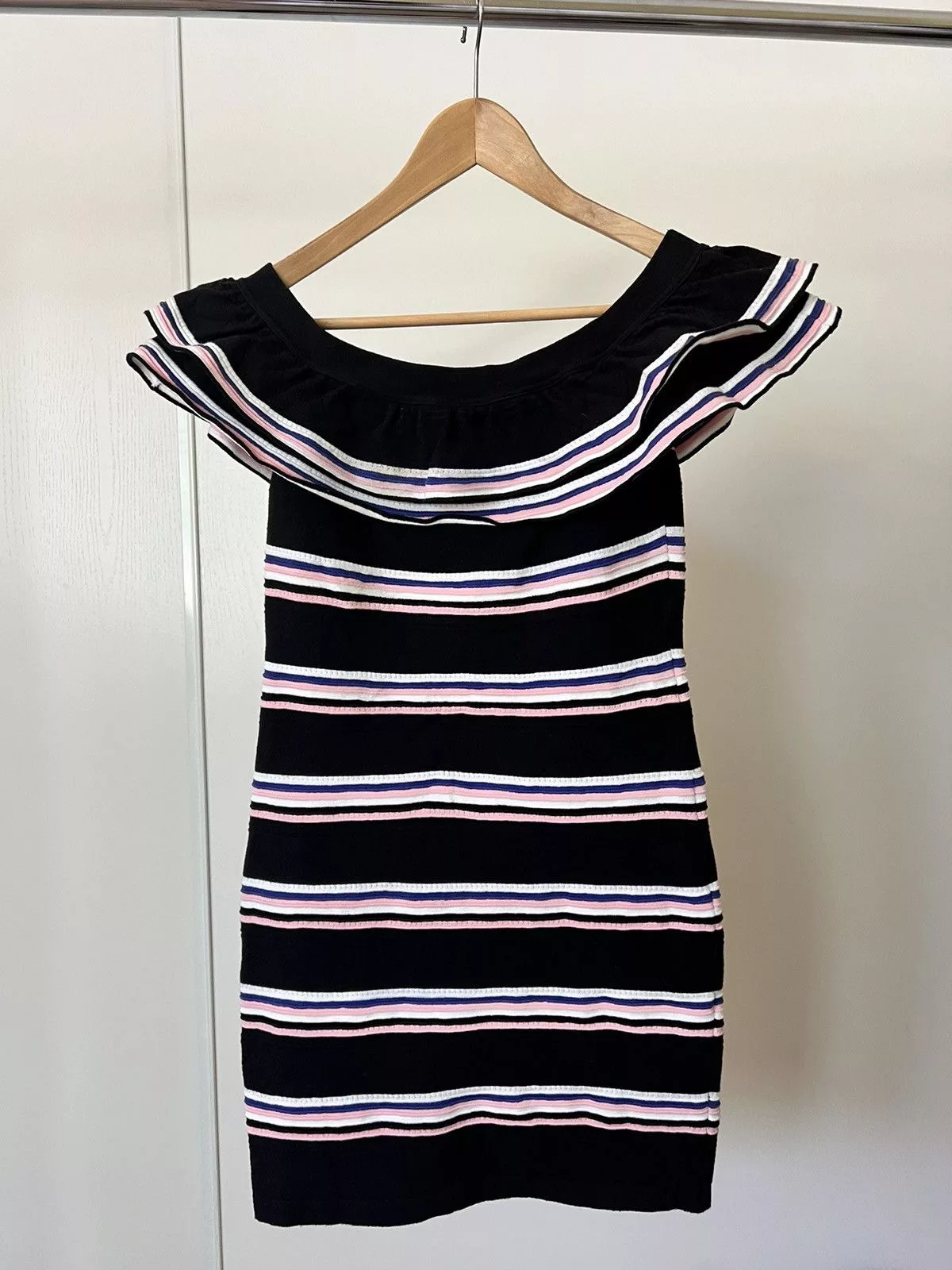 MSGM Mini Dresses MSGM | Striped Off Shoulder Knit Mini Dress Blue