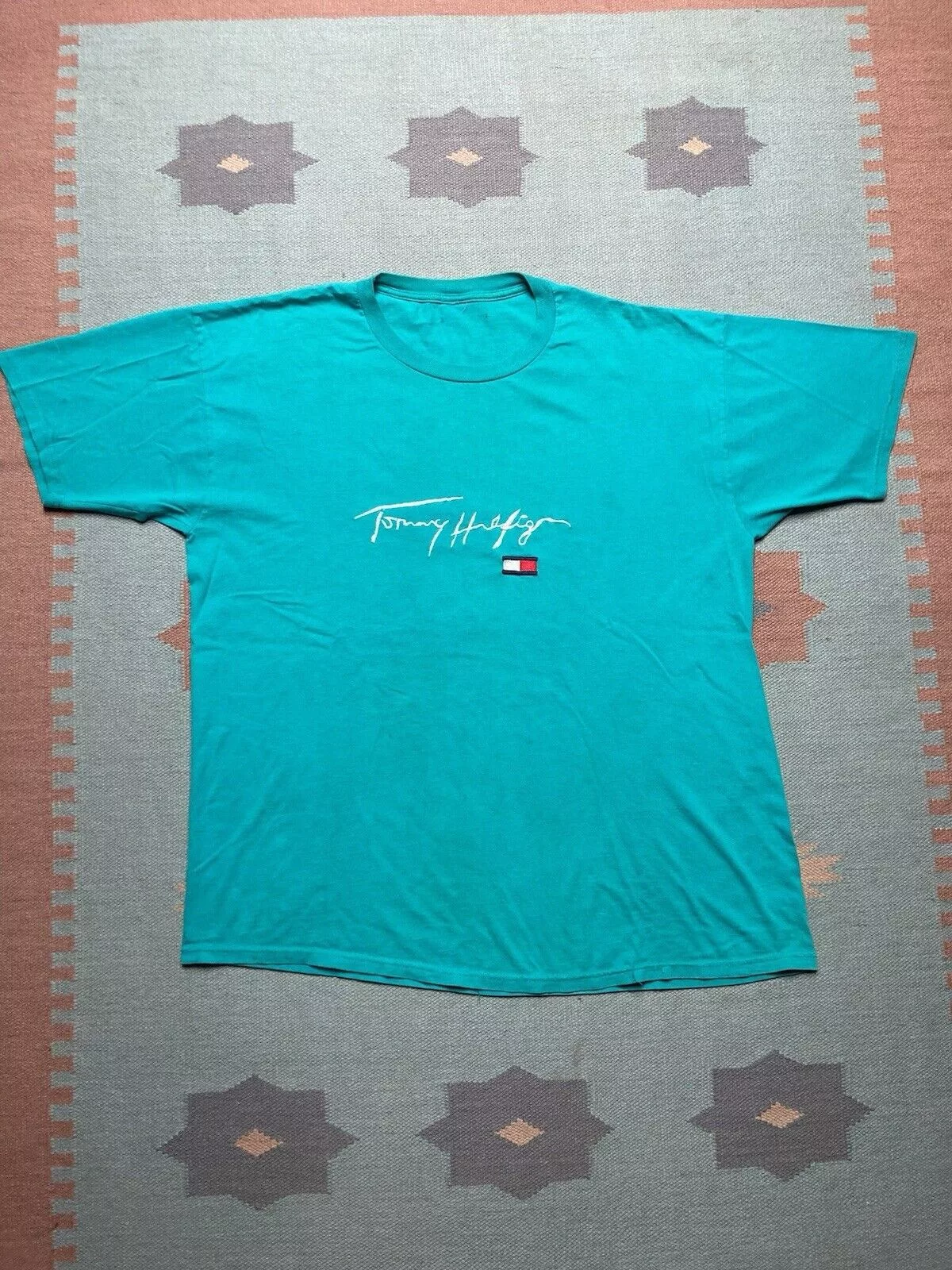 Tommy Hilfiger Short Sleeve T Shirts Tommy Hilfiger × Vintage VTG 90s Tommy Hilfiger t shirt embroidere spell out flag XXL Blue Streetwear