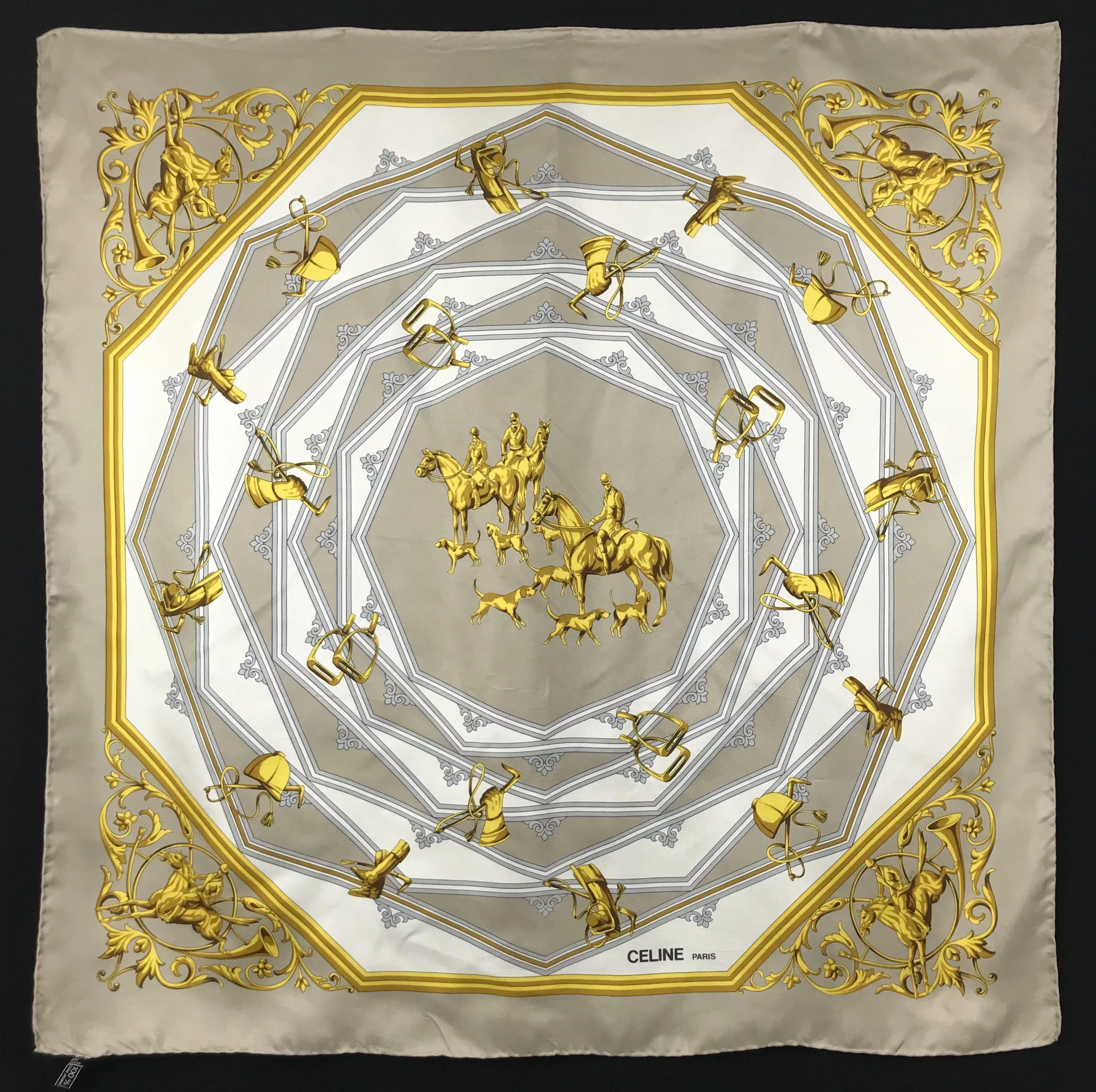 Celine Scarves Celine × Vintage CL815 Vintage Celine Silk scarf Brown Gold Love Horse Luxury