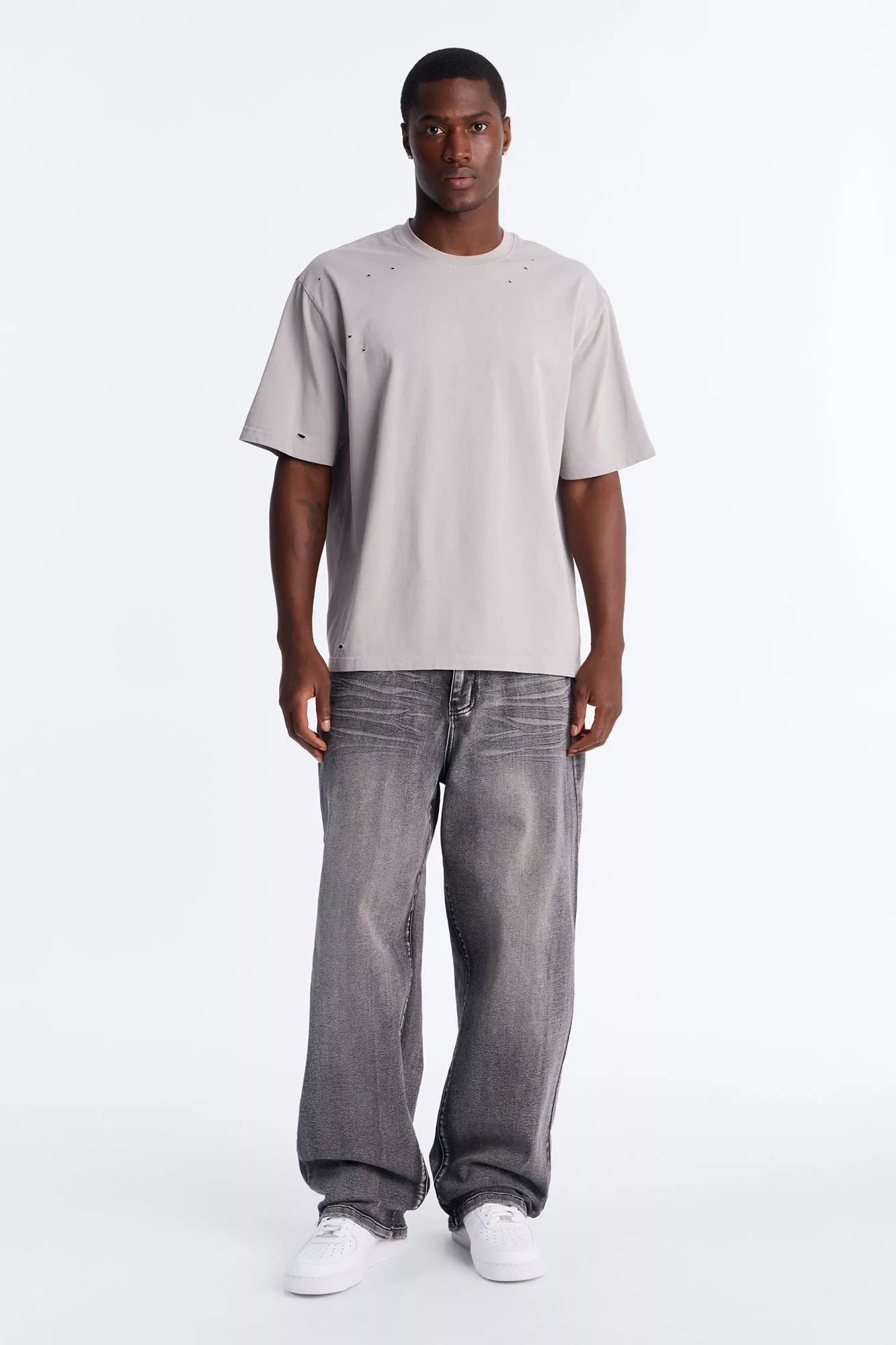 Destructed Crewneck Tee - Grey