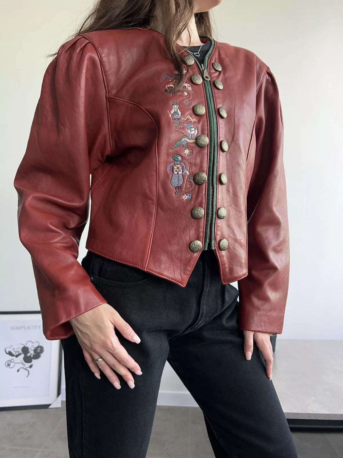 Vintage Leather Jackets RARE Gorgeous Leather Cherry Vintage Jacket with embroidery Red