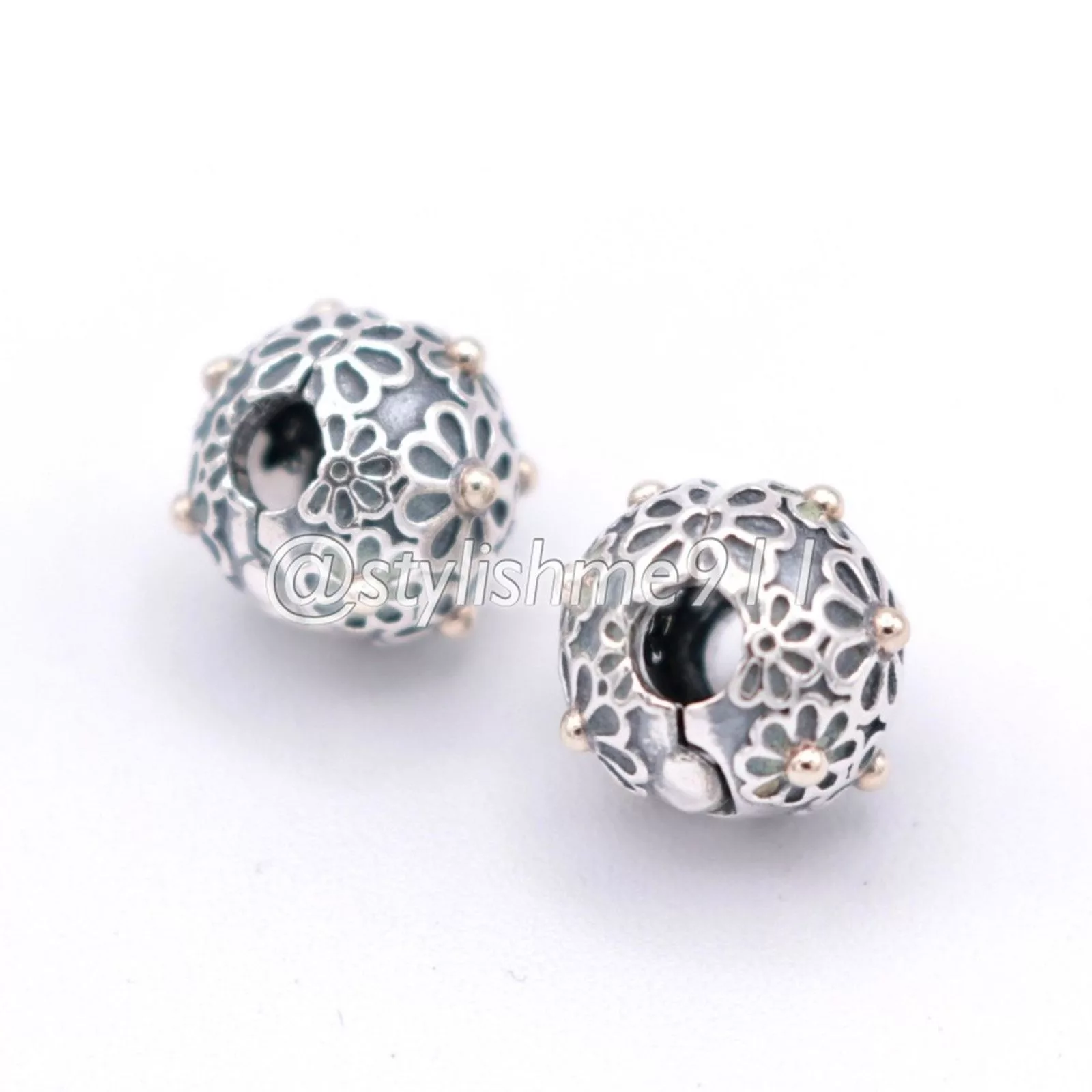 pandora Charms Authentic PANDORA Lazy Daisy Clip with 14K Gold Silver