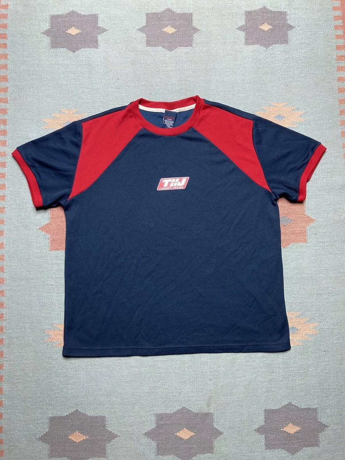 Tommy Hilfiger Short Sleeve T Shirts Tommy Hilfiger × Vintage VTG Tommy Hilfiger jeans jersey mesh shirt athletic ringe XL Blue Streetwear
