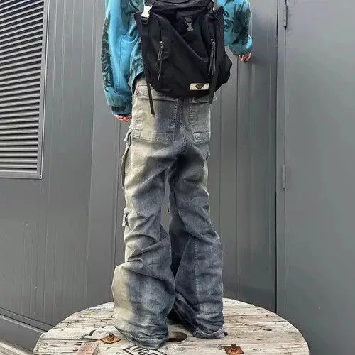 Jean Denim Unisex Multi-pockets Drawstring Jeans Streetwear