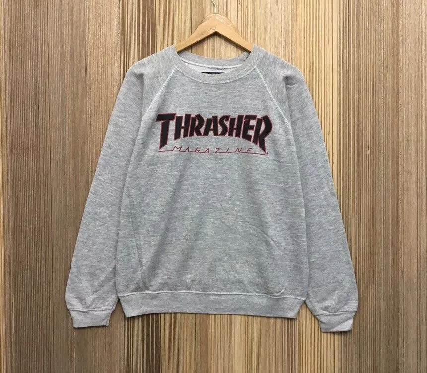 Thrasher Sweatshirts Hoodies Thrasher × Vintage Vintage 90s THRASHER Crewneck Sweatshirt Big Logo Spell Out Gray Streetwear