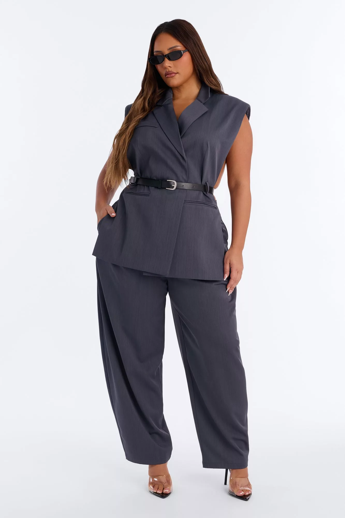 Willow Sleeveless Belted Blazer - Charcoal