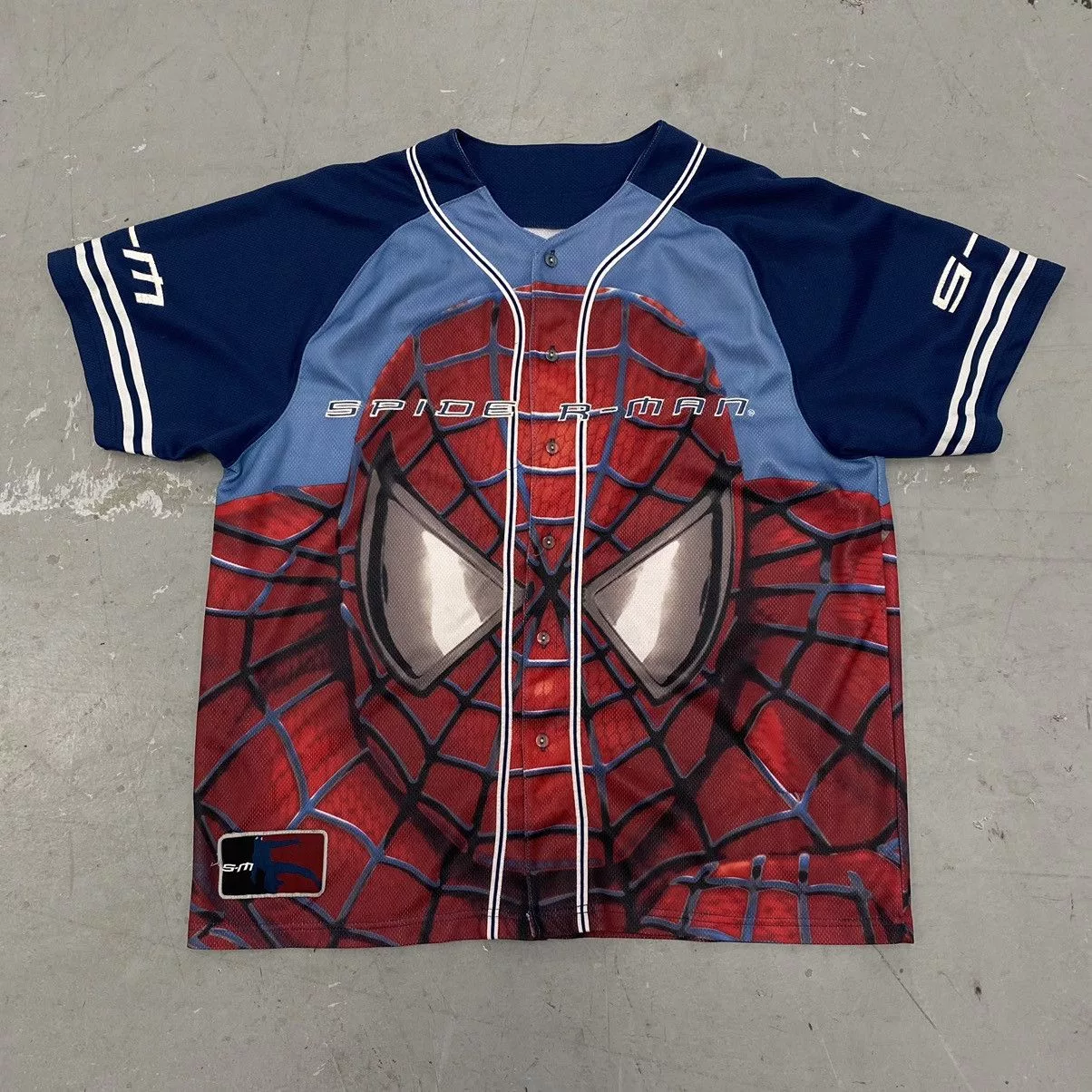 Marvel Comics Jerseys Marvel Comics × Vintage Vtg Y2k 2003 Spiderman Big Print Baseball Jersey Cyber Rave Blue Streetwear