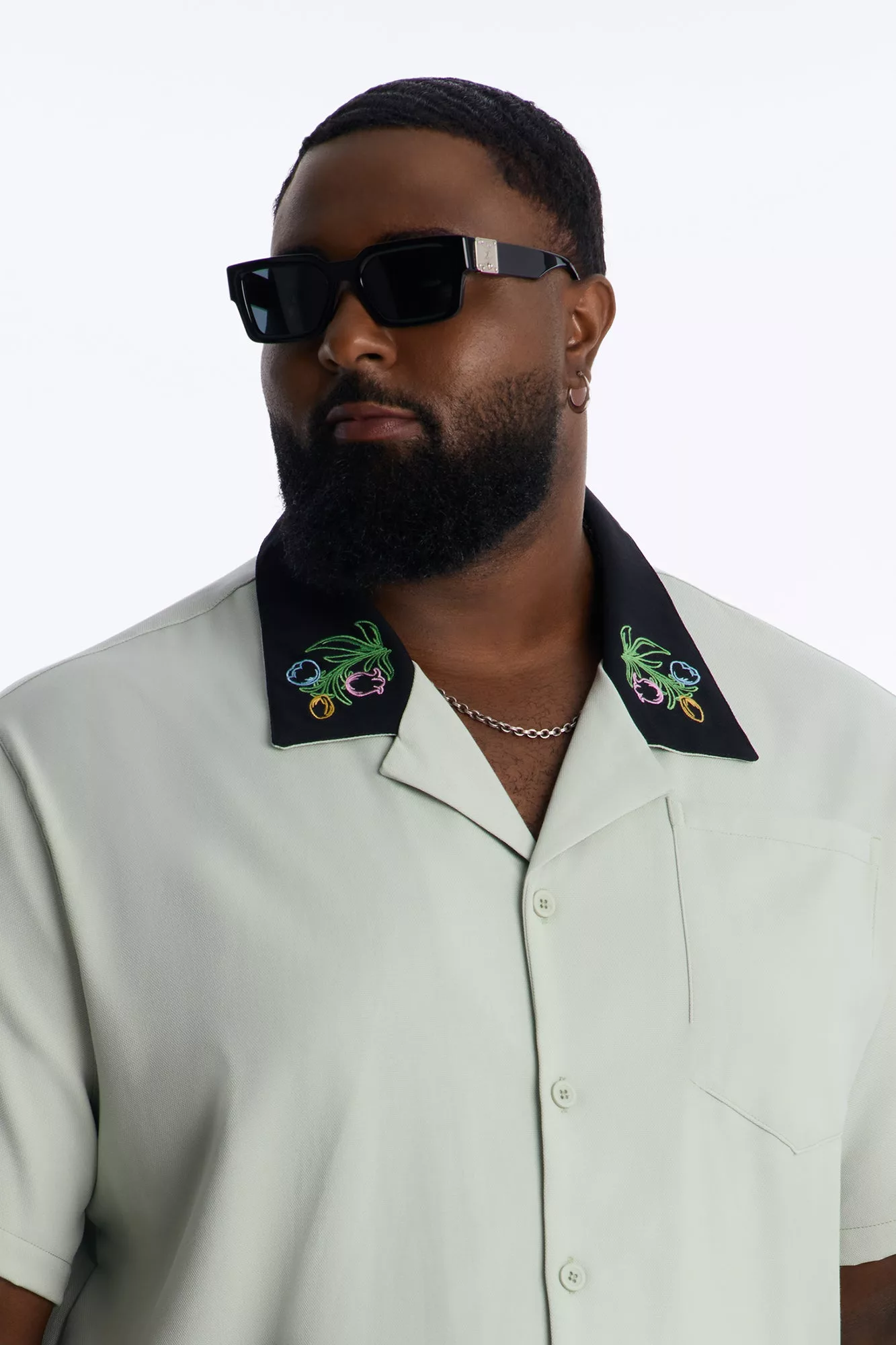 Botanical Embroidered Cuban Collar Button Up Shirt - Mint