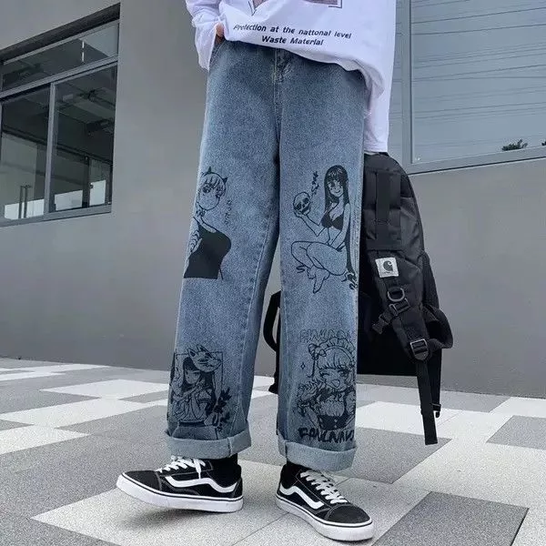 Designer Denim Designer × Japanese Brand Unisex jeans graffiti print Korean American hip-hop style Blue Streetwear