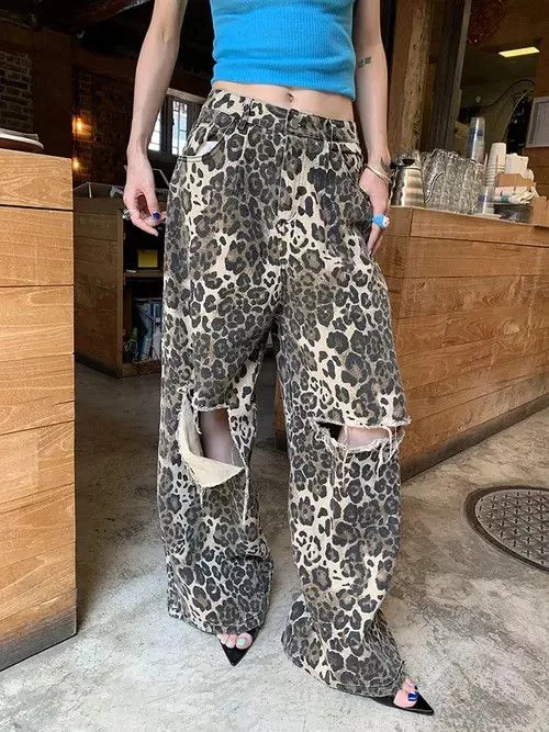 Jean Jeans Leopard Ripped Wide Leg Jeans Multi Avant-Garde