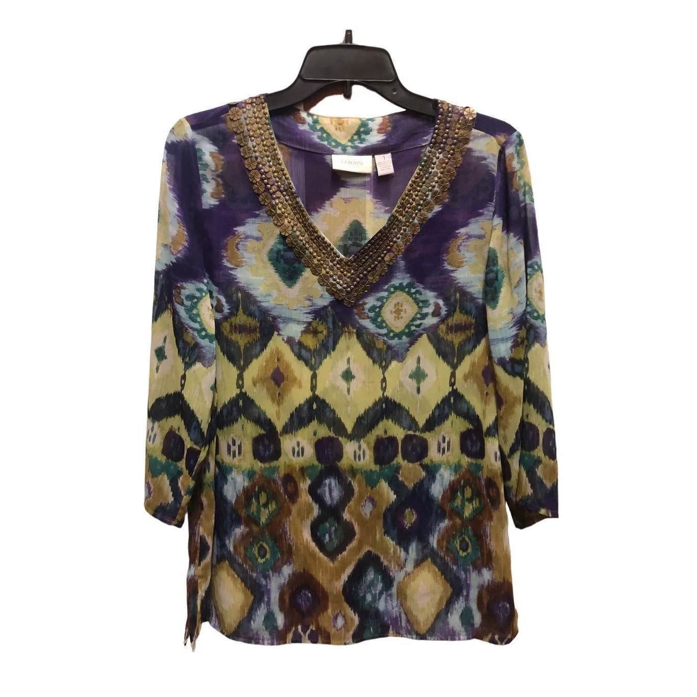Chicos Blouses Chicos Chico’s Women’s Bohemian Patterned Sheer Tunic Blouse Metal Purple