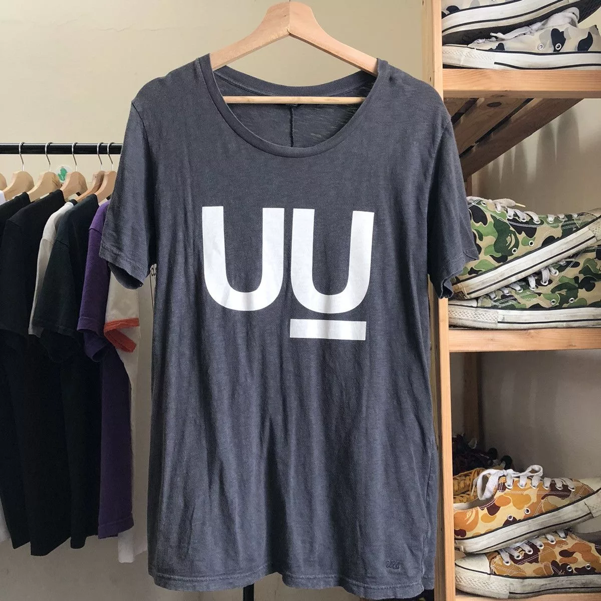 Jun Takahashi Short Sleeve T Shirts Jun Takahashi × Undercover × Uniqlo Undercover Uniqlo UU Spell Out Big Logo Tee Gray